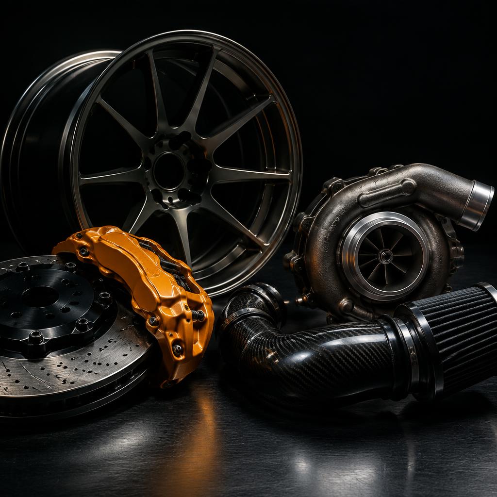 Performance parts: forged wheel, amber brake caliper, turbocharger, carbon intake