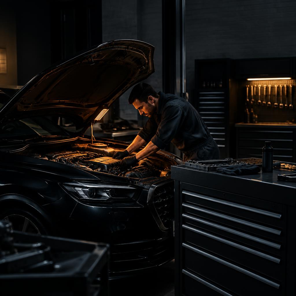 FS AUTO technician working on an engine bay under a work lamp